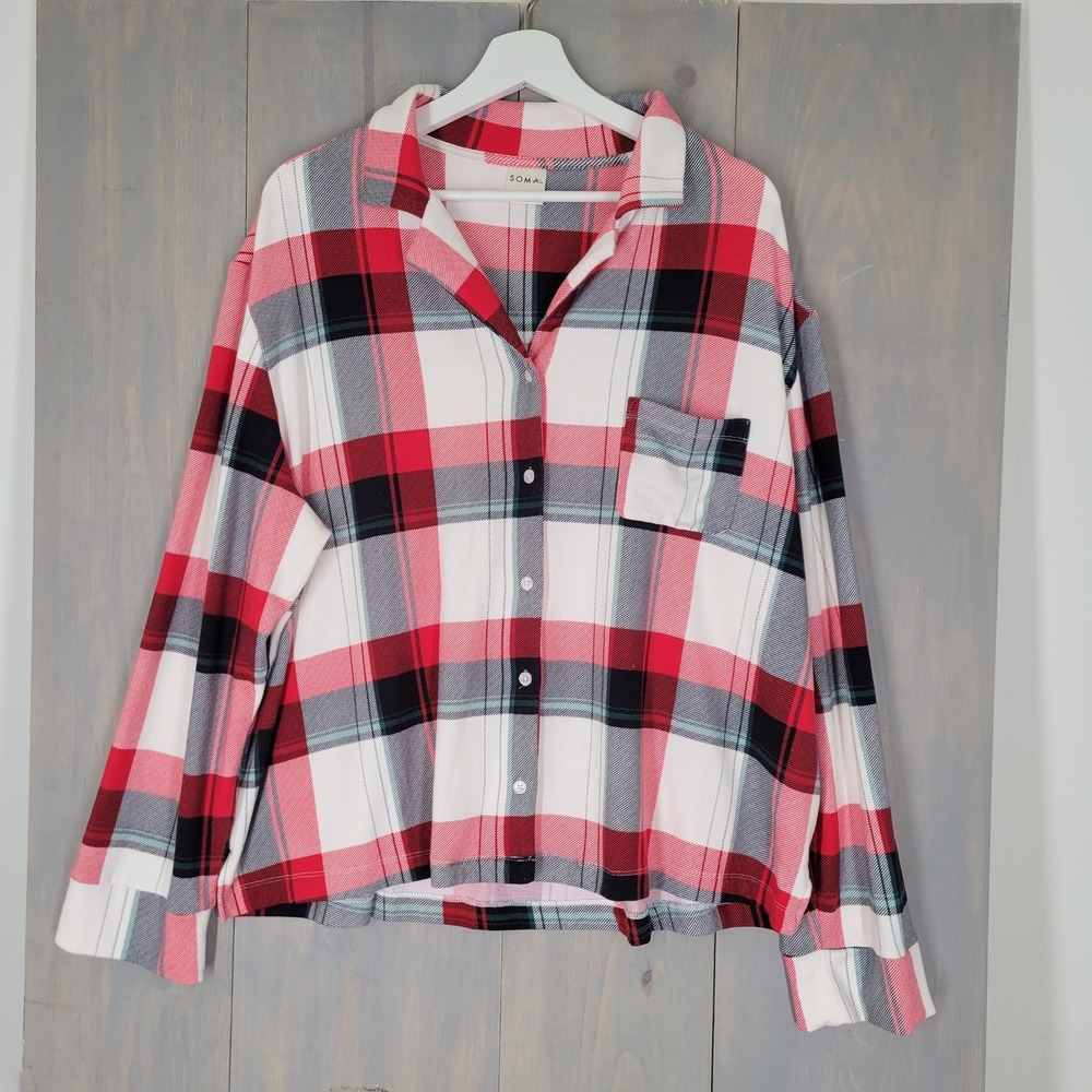 Soma Pajama Top Womens XL Red White Plaid Button Down Sleep Shirt Long Sleeve